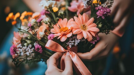 Hands Tying Ribbon Around Colorful Bouquet