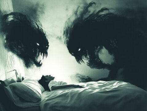 Person experiencing sleep paralysis with a shadowy figure hovering over them, AI generated