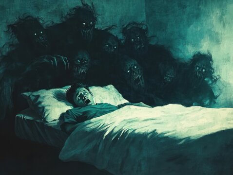 Person experiencing sleep paralysis with a shadowy figure hovering over them, AI generated