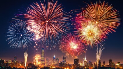Fototapeta premium Bright Fireworks Display Over Urban Skyline at Night