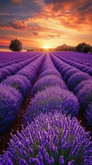 Obraz premium Lavender Sunset Serenity: Rows of vibrant purple lavender flowers stretch towards a breathtaking sunset, creating a picturesque scene of tranquility and natural beauty.