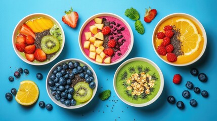 Colorful Smoothie Bowls with Fresh Fruits and Seeds