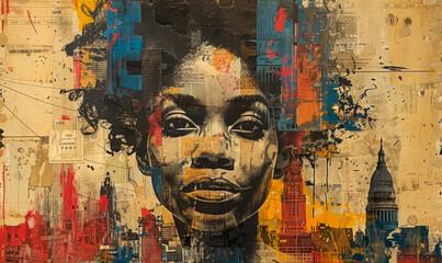 Urban Street Art in Detroit Depicting Empowered Woman with Cityscape and Abstract Graffiti Elements at Daytime - Power to the People