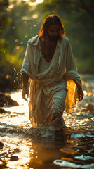 Jesus Walking on Water at Sunrise in Peaceful Nature Scene Symbolizing Faith and Divine Miracle