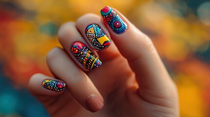 Vibrant Intricate Nail Art on Hand Close Up