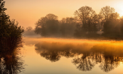 Obraz premium A calm river reflects the golden glow of sunrise through the morning mist
