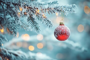 A festive red ornament hangs delicately on a snowy evergreen branch. The soft glow of lights creates a warm holiday atmosphere. Perfect for seasonal themes. Generative AI