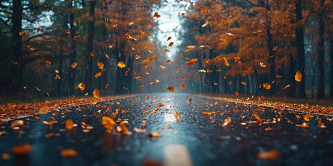 Fototapeta premium Autumn leaves falling on a serene road lined with vibrant trees