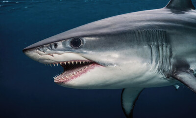 Naklejka premium A large shark with its mouth open swims through the ocean