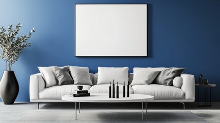 Modern Living Room with a Blue Wall and White Sofa