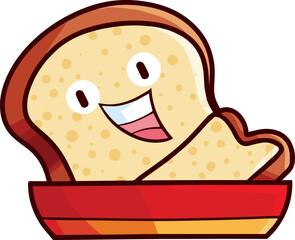 Funny and cute breads on red plate cartoon character smiling happily