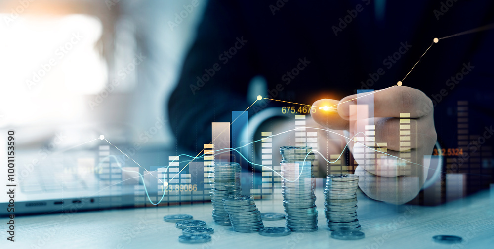 Poster business financial graph diagram of coin. financial growth data or investment market profit bar and 