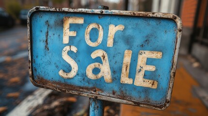 A weathered, blue For Sale sign stands prominently on a city street, suggesting a property or item available for purchase, marked by age and wear