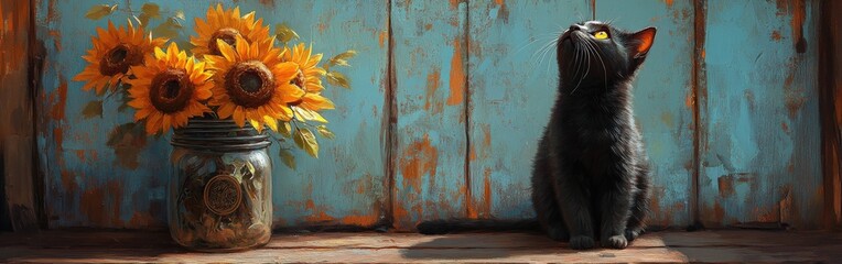 Playful black cat gazing at sunflower vase on a rustic wooden table