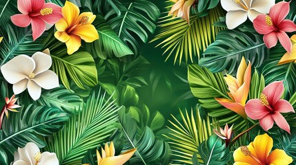 Vector with palm leaves, strelitzia, orchids, and hibiscus, creating a tropical frame around center copy space