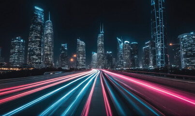 Obraz premium A night view of Shanghai's skyline with illuminated skyscrapers and a long exposure of traffic on a highway