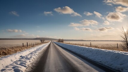 Blue sky in winter and straight road