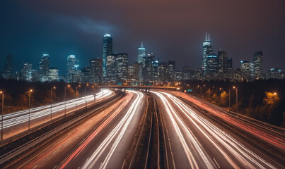 A highway in the city at night, with the lights of cars streaking across the road