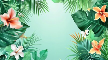 Summer vector with tropical palm leaves, orchids, hibiscus, and centered space for copy
