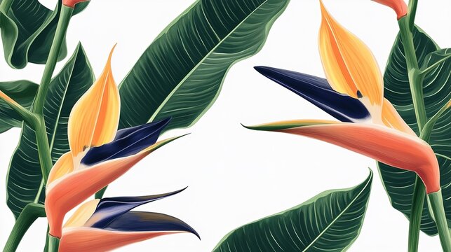Tropical Strelitzia flowers and lush leaves, seamless design, white backdrop