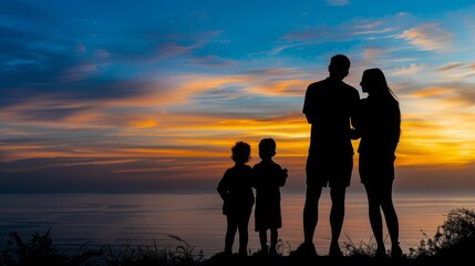 Fototapeta premium Happy family silhouette against stunning sunset sky, beautiful nature landscape evoking family vacation concept.
