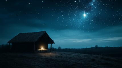 Stars twinkle in the night sky above a humble manger where Jesus rests peacefully