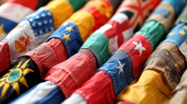 A vibrant collection of tightly packed international flags symbolizing global unity and cultural diversity, showcasing a variety of national identities and traditions