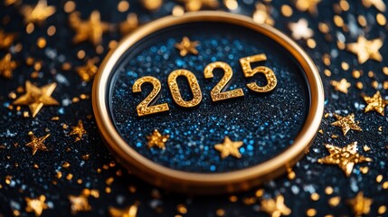 A sparkling celebratory image with the year 2025 prominently displayed on a circular frame surrounded by a multitude of gold stars and glittery background