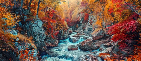 Naklejka premium A Very Narrow Mountain Stream In The Canyon Trees In Autumn Colors