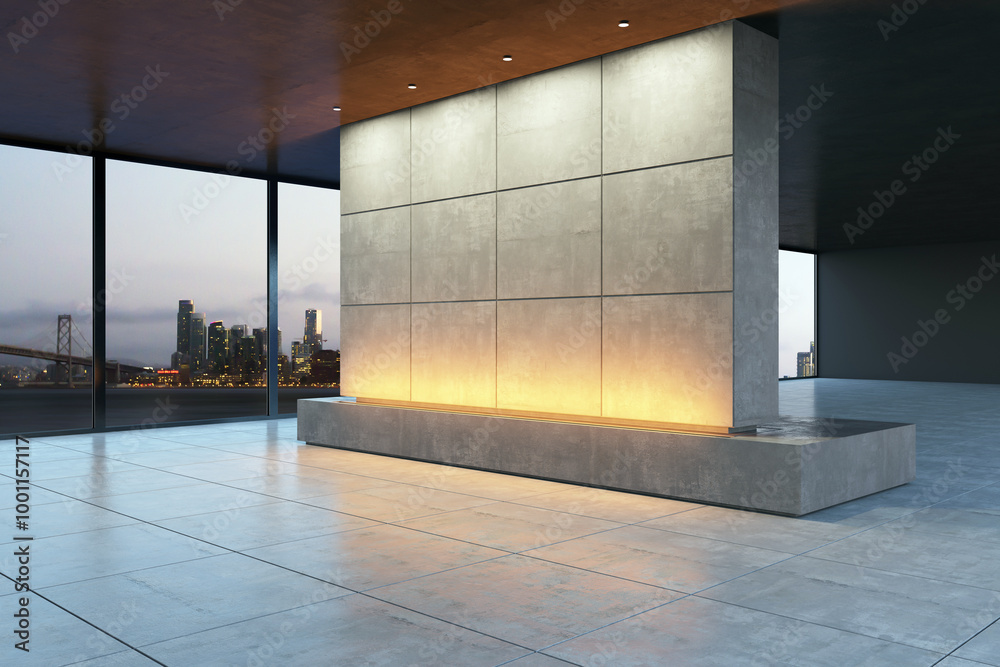 Aufkleber modern exhibition space with a concrete wall and city view. 3d rendering