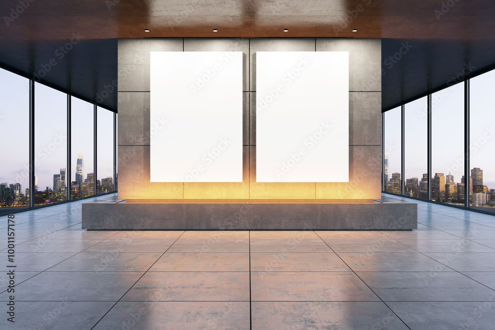 Poster Modern exhibition gallery with two blank posters on display. 3D Rendering