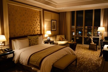 Luxurious hotel room interior with bed, lamps, and city view at night.