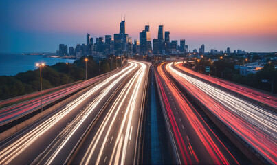 Fototapeta premium A highway with light trails from cars, leading towards the Chicago skyline at dusk