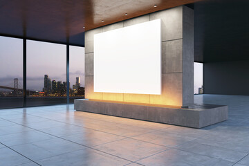 Spacious modern interior with blank billboard and city view. 3D Rendering