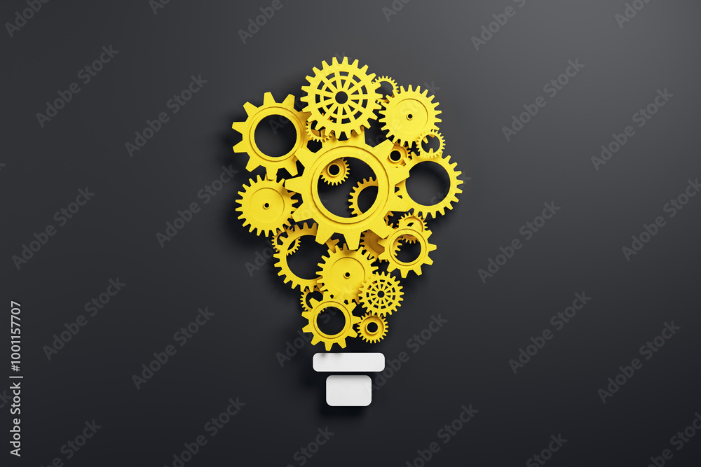Poster yellow gears forming a light bulb shape on a dark background. 3d rendering