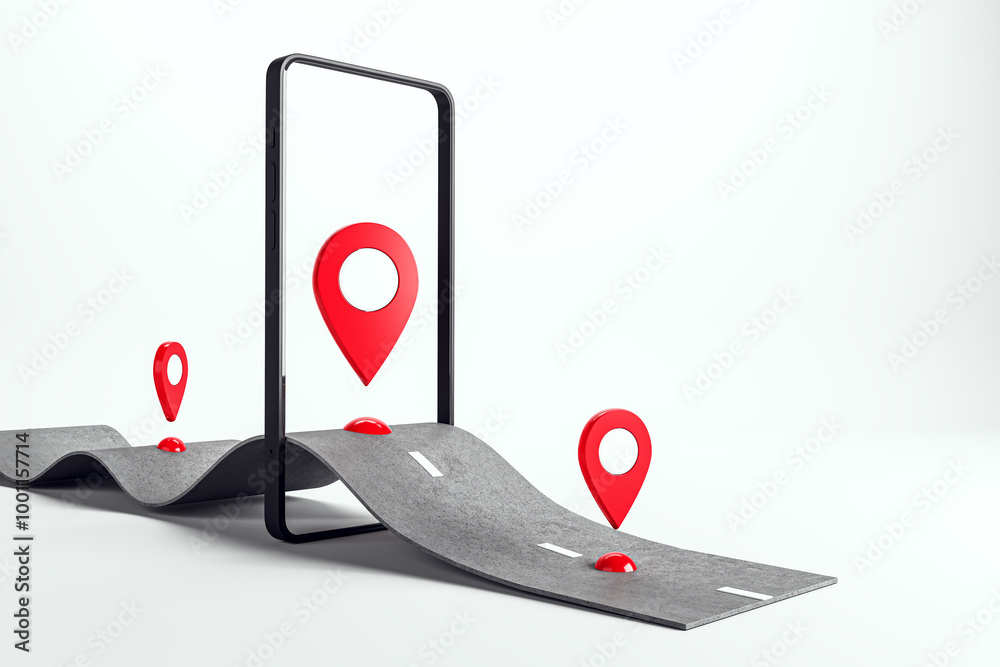 Aufkleber Smartphone displaying navigation path with map pins on a wavy road. 3D Rendering