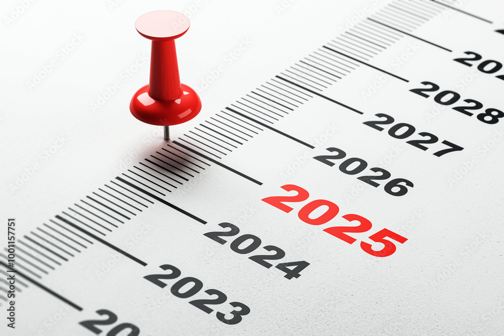 Poster red pin marking year 2025 on a timeline calendar. 3d rendering
