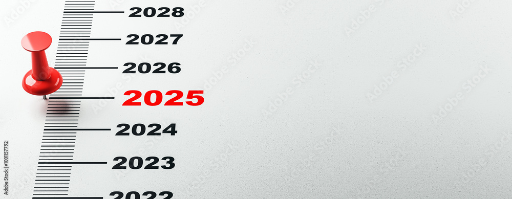 Fototapete 2025 marked with a red pin on a timeline of years from 2022 to 2028. 3d rendering