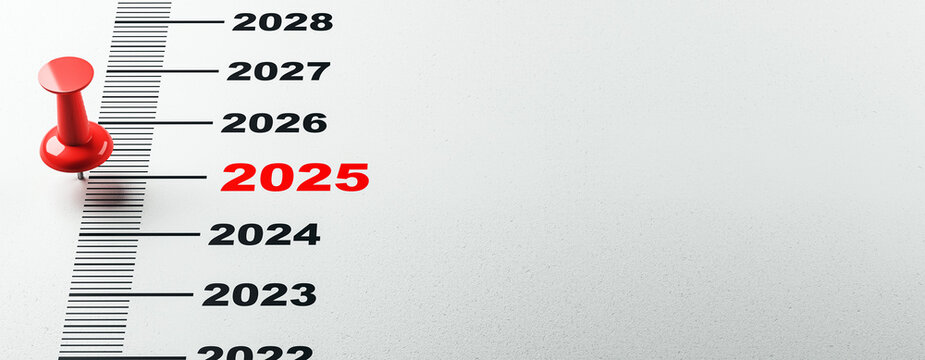 2025 marked with a red pin on a timeline of years from 2022 to 2028. 3D Rendering