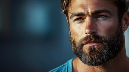 Fototapeta premium A man with a beard and a blue shirt