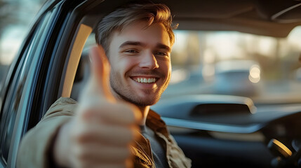 A man is smiling and giving a thumbs up in a car