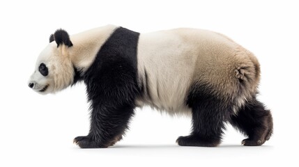Fototapeta premium Giant panda in profile standing on all fours in natural habit scene. Isolated on white background 