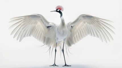 Graceful red-crowned crane dancing with wings outstretched in elegant display. Isolated on white background