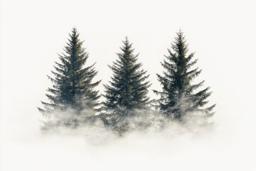 Fototapeta premium Tall evergreen trees stand amidst a thick fog, creating a tranquil atmosphere in a serene forest setting