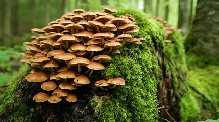 Mushrooms Growing on a Mossy Tree Trunk