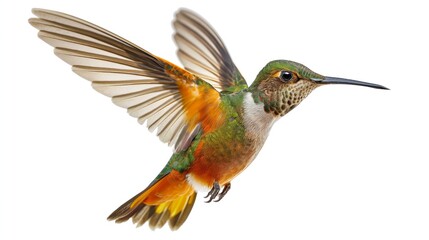 Fototapeta premium Graceful hummingbird in mid-air hover, wings spread in flight isolated on white background
