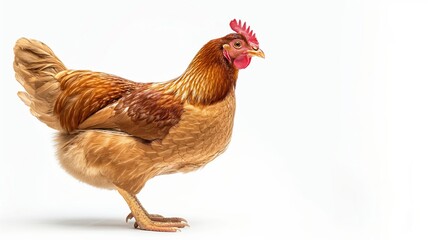 Fototapeta premium Majestic brown chicken portrait highlighting detailed plumage for farming and agriculture concepts. Isolated on white background with big copy space