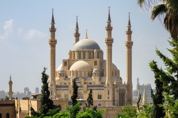 Obraz premium Large mosque with four minarets and central dome surrounded by trees and buildings. Daytime cityscape photography.