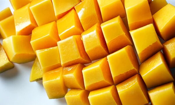 sliced mango slices on a white background.