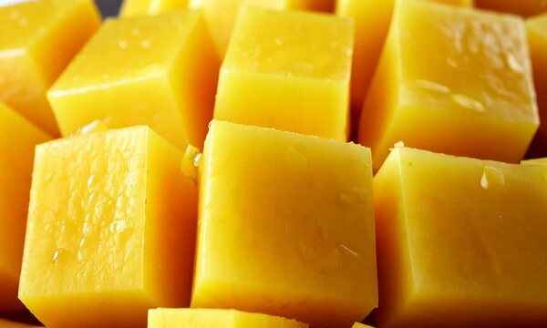 sliced mango slices on a white background.